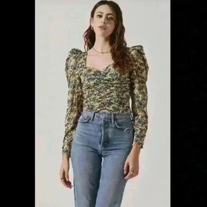 ASTR the Label Womens Tonina Blue Floral Ruched Blouse Top XL Bhfo